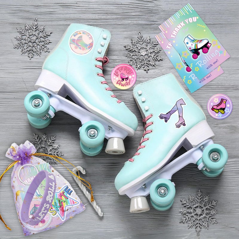 Tazimi 110 PCS Roller Skate Party Favors Skating Party Supplies with Key Chains Button Pins Stickers Rubber Bracelets for Hip Hop Disco 80s 90s Themed Party (style 1) - Image 4